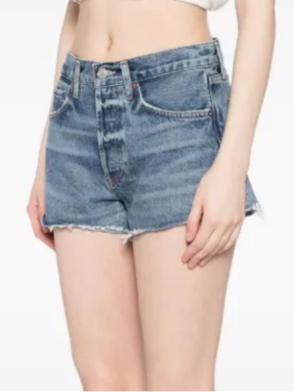 Agolde Raw Hem Distressed Jean Shorts in Medium Blue - Picture 1 of 16